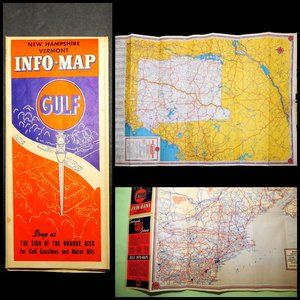 Vintage 1930's NEW HAMPSHIRE Road Travel Map Gulf Oil Vermont, Maine Wall Decor